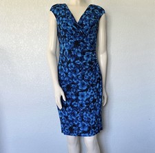 Blue Floral Ruched Faux Wrap Sheath Dress Knee Length Size 4 Lauren Ralph Lauren