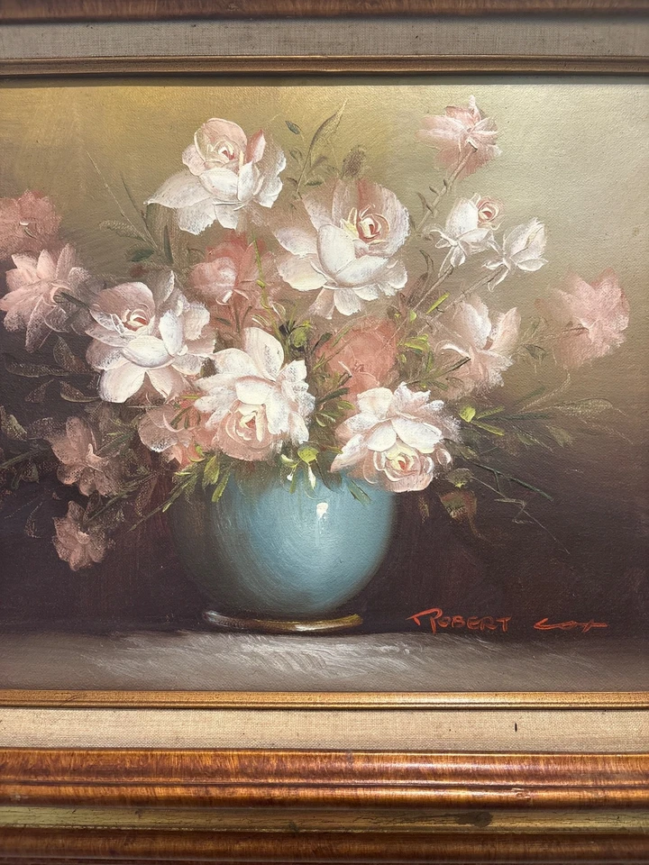"Pintura al óleo vintage floral bodegón marco de madera firmado Robert Cox 14,5 x 12,5""" Foto 2 de 2