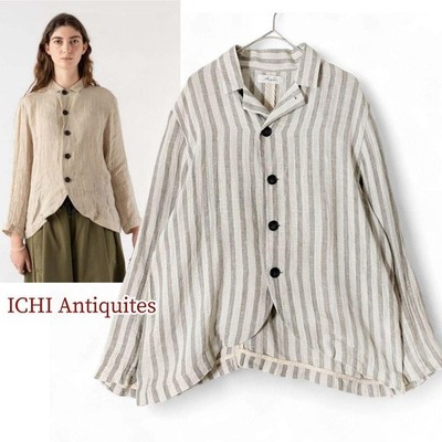 ICHI Antiquites Linen Jacket Stripe Round Hem Beige Light Brown Made in Japan