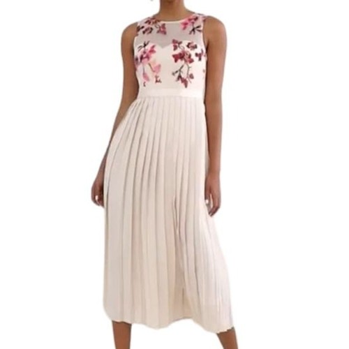 Little Mistress Cream Red Pink Embroidered Flowers Accordion Pleat Midi Dress 6