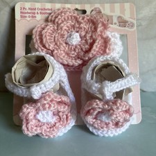Crocheted Newborn Baby Headband Sandals 0-6m Pink Flower White Photo Op
