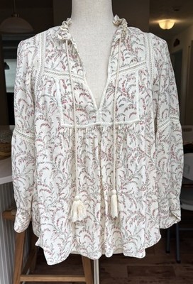 ba&sh Emma Floral Boho Peasant Blouse Tassel Ties Size 1 US 6 Cream Pink