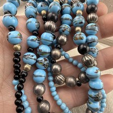 Vintage Glass Beaded Necklace Glitter Metallic Layered Blue 22