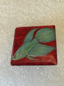 Vintage Signed Green Flowing Fish Pin-with Red Shiny Background-1.25 Squared