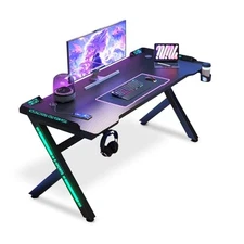 47 Inch Gaming Desk with LED Lights and USB Ports for Bedroom and Home Office