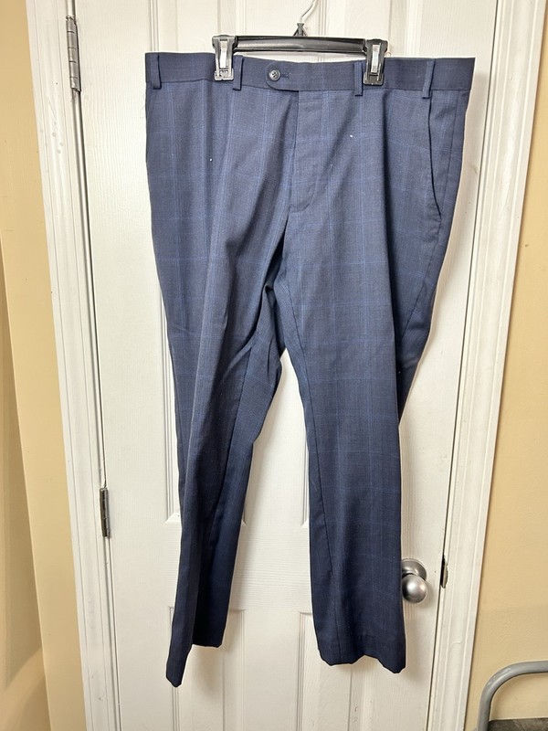 Perry Ellis Men’s Dress Pants Hemmed Size 38x27 Blue Plaid Flat Front
