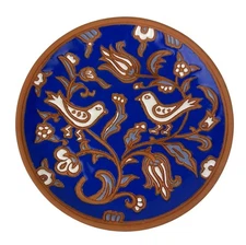 Bonis Pottery Rhodes Greece Terracotta Cobalt Blue Enamel Bird Decorative Plate