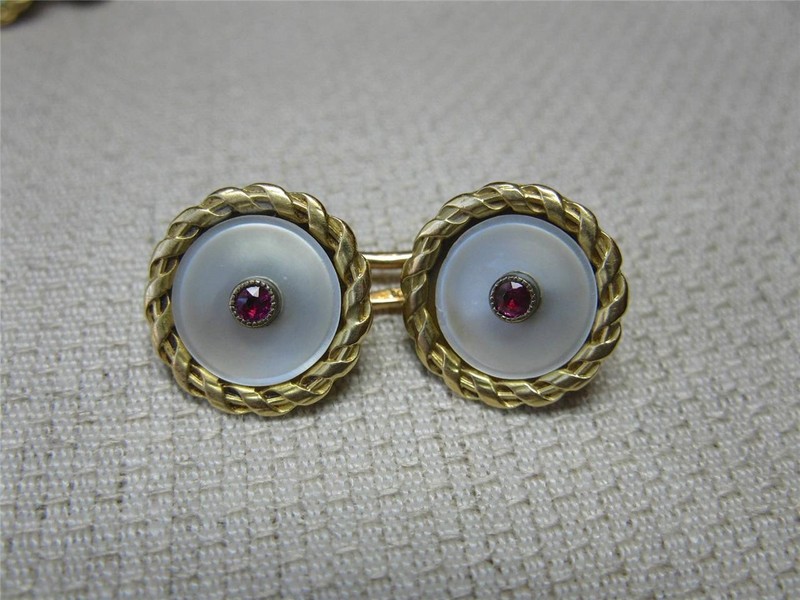 Art Deco Cuff Links 18K Gold Ruby Mother of Pearl French c1910 Edwardian Great!