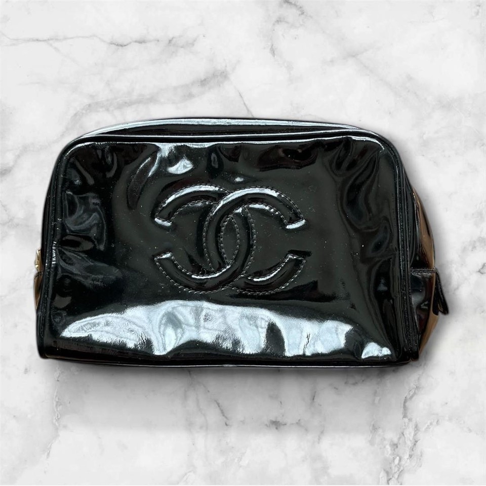 CHANEL Coco Mark Luxury Line Cosmetic Pouch Clutch Bag Black Patent Leather USED