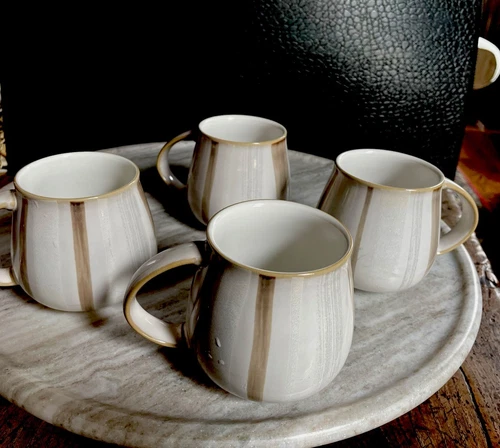 4 Denby Langley Beige Stripes Mugs Coffee Tea 14 Ounce Cups Made In England
