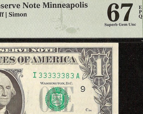 1974 $1 BILL 333333 3 NEAR SOLID SERIAL NUMBER 7 OF A KIND DOLLAR PMG 67 EPQ