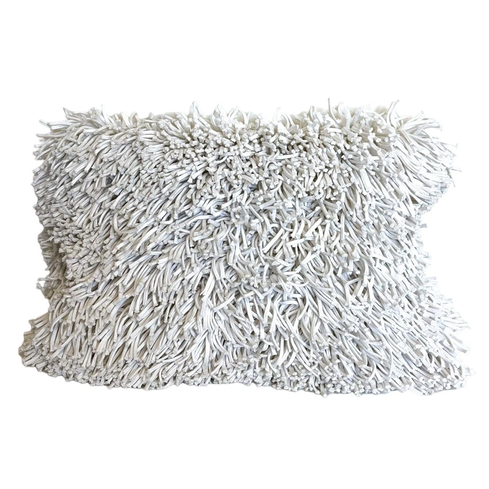 Crate & Barrel Remy Shag Fringe Accent Pillow Cover Sham 12X18 White Boho Hippie - Image 3 of 4