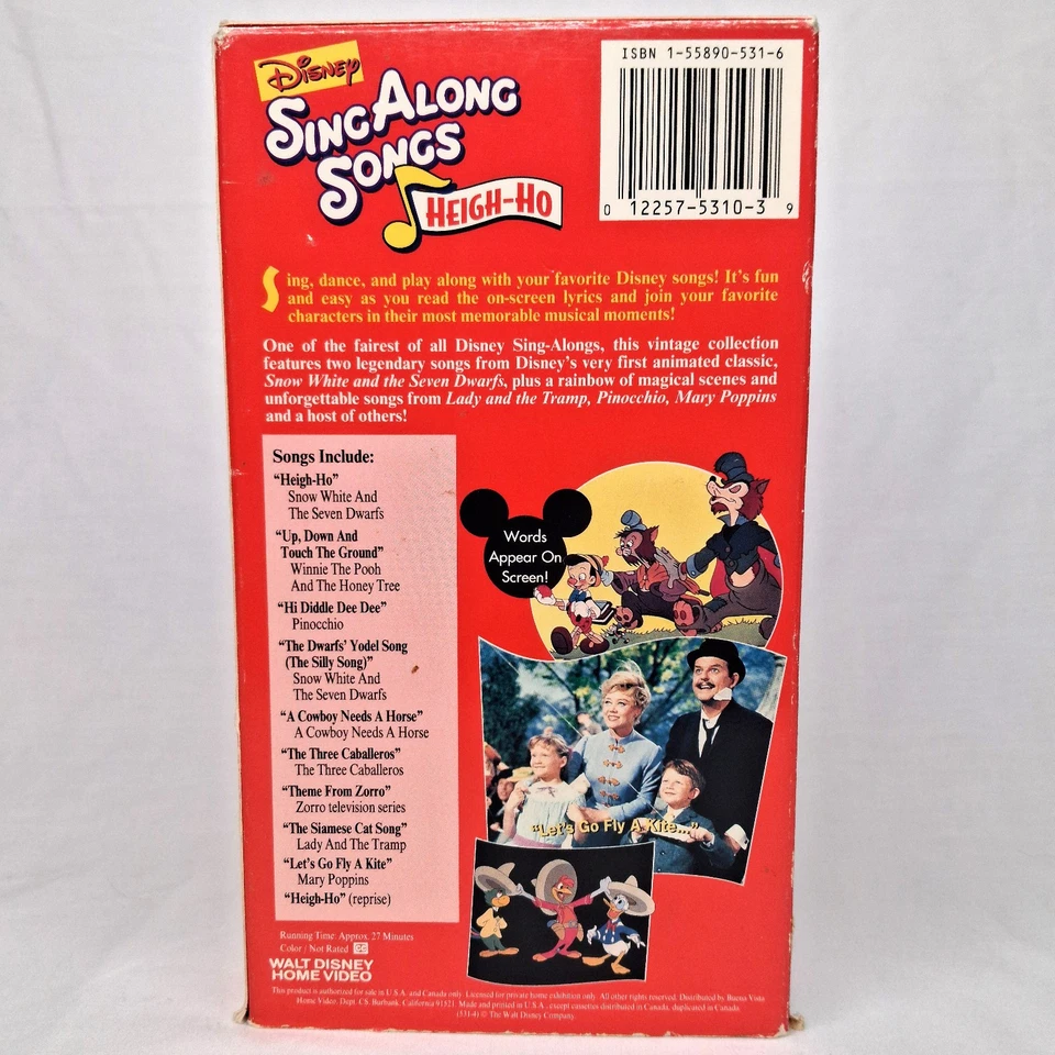 Snow White Heigh-Ho VHS Disney's Sing Along Songs w/Pinocchio Mary Poppins Tape - Image 2 of 4