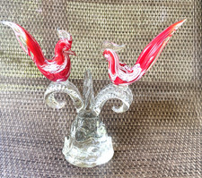 Art Glass Bird Sculpture Hand Blown Stretched Roosters Chickens Red
