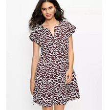 Ann Taylor Loft XXSP Brown White Button Up Short Sleeve V-Neck Tie Waist Dress