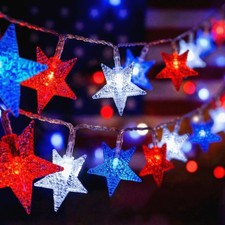 4Th of July Decor Red White Blue Stars String Lights, 15 FT 30 LED Fairy Lights