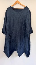 Grizas Dress Size XL Navy Handkerchief Hem Crinkle Linen Silk Blend Pocket Loose