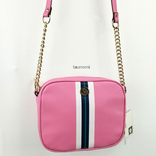 ANNE KLEIN "Camera Bag" Varsity Stripe Chain Crossbody Bag Pink/White/Navy $65 - Picture 8 of 10
