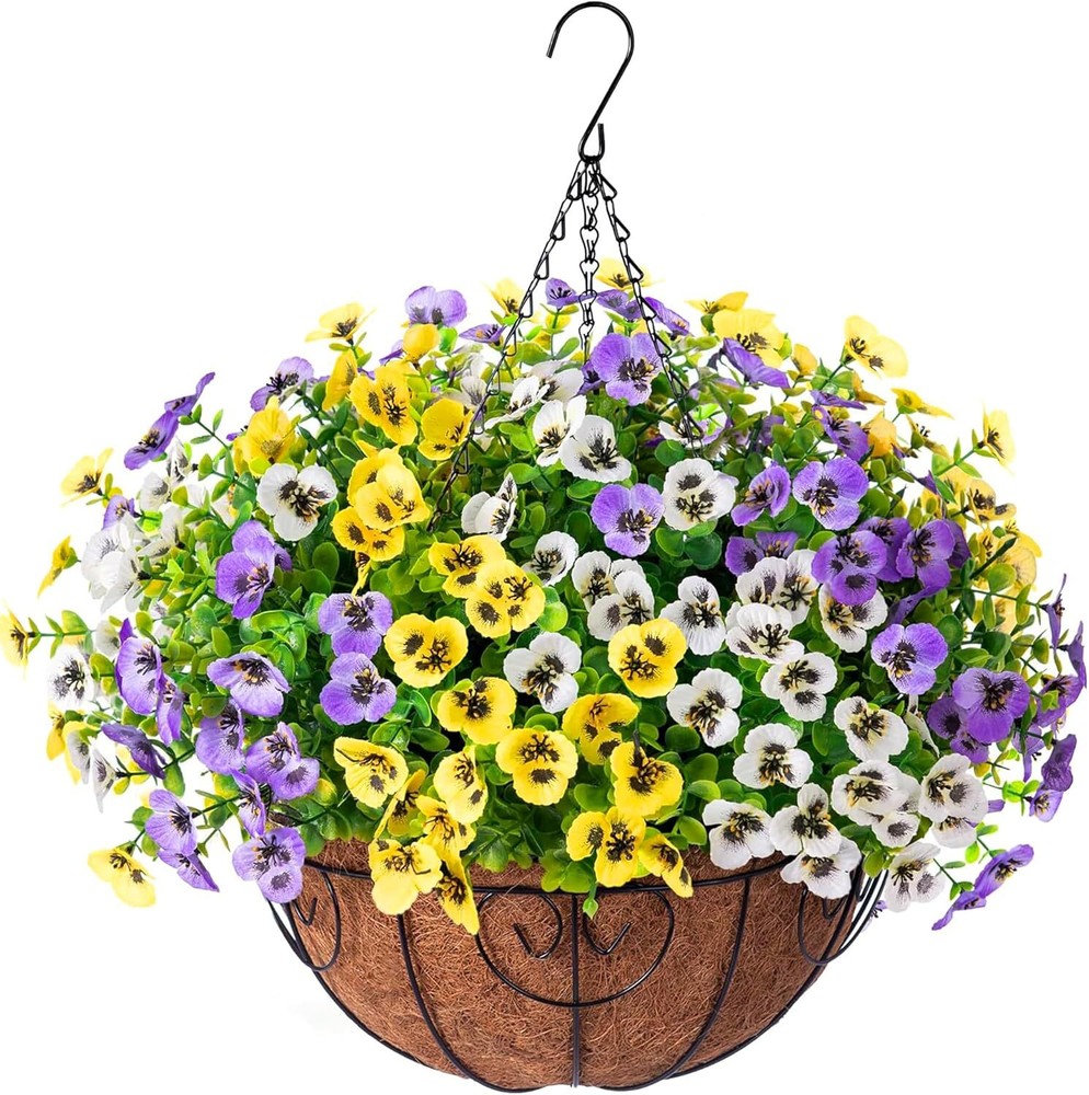 Artificial Pansies Hanging Basket Faux Flowers Outdoor Decor