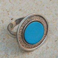 Vintage Ring Turquoise Israeli Art Solid Silver Round Blue Dimple Modernist Gift