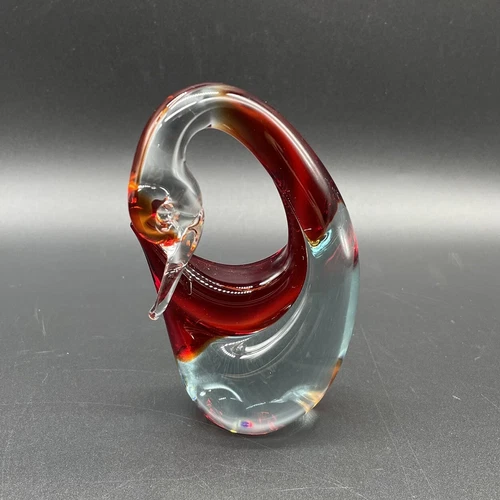 Vintage Murano Style Glass Swan Duck Bird Figurine Clear Red 5” Paperweight