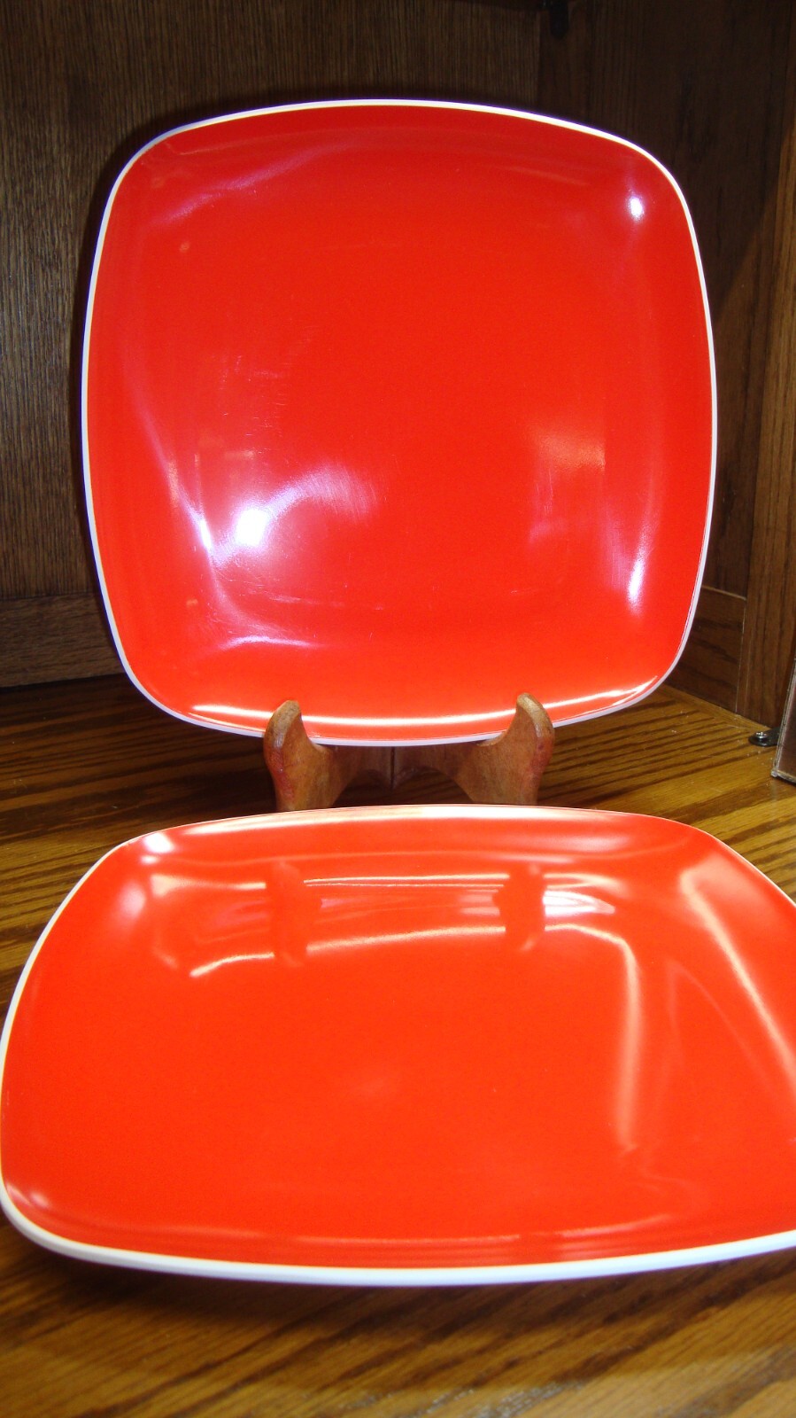 Set (2) @ Home Square 10.5" DINNER Plates RED w/White Back~Replacements      Q12