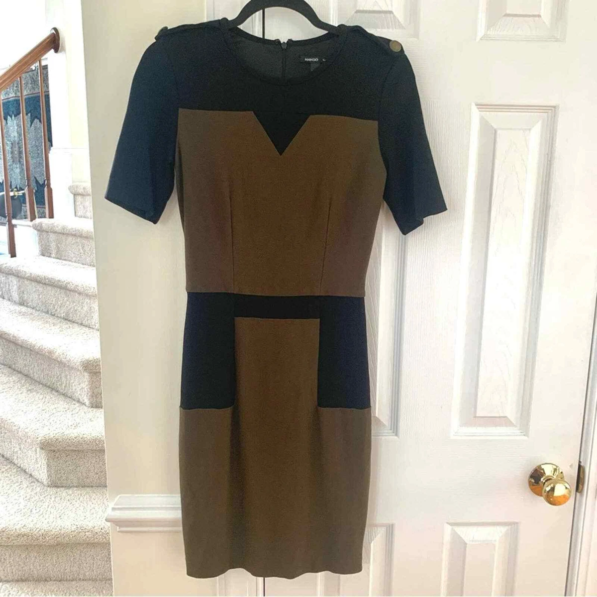 Mango Suit by MNG Brown Black Contrast Sheath Dress w Brass