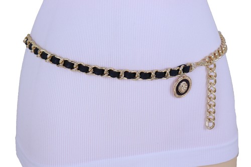 Women Gold Metal Chain Black Narrow Strap Belt Medallion Lion Charm Size M L XL - Picture 9 of 9