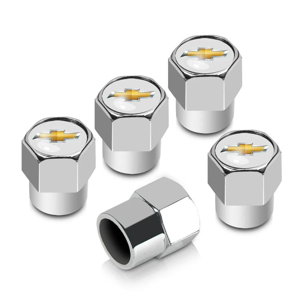 Chevy Bowtie Logo Tire Stem Valve Caps Set Gold on Chrome