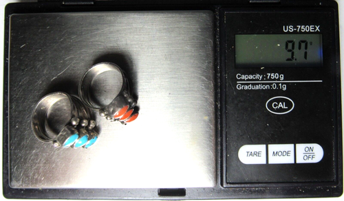 PAIR Navajo Old Pawn 3 STONE ROW Coral Turquoise Silver Native American RINGS s4 - Picture 24 of 24