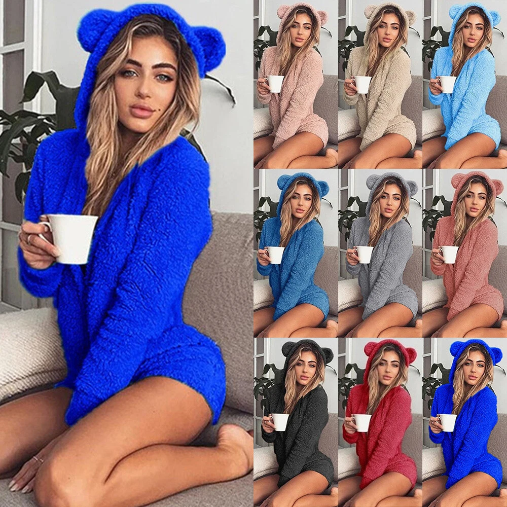 Womens Fluffy Fleece Hooded Teddy Bear Shorts Romper Pajamas