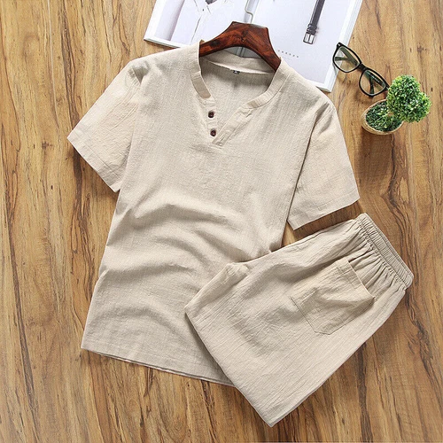 Herren Shorts Baumwolle Leinen Sommer Set 2er Set Kurzarm T-Shirt und Hose - Bild 11 von 30