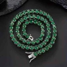 18 Ct Round Cut Lab Created Green Emerald Tennis Necklace 14K Wh Gold Plated 18"
