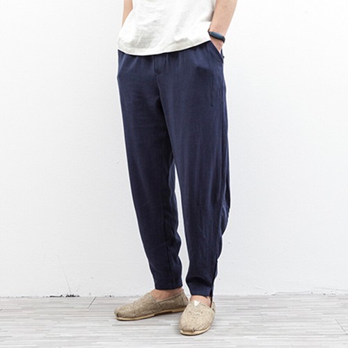 Mens Linen Cotton Tapered Pants Pockets 