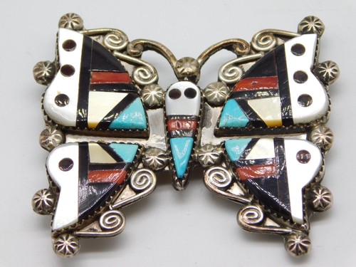NATIVE AMERICAN ZUNI HECELIICION STERLING SILVER BUTTERFLY BUG PENDANT PIN