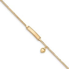 Real 14kt Yellow Gold Baby ID Curb w/Heart Dangle Bracelet; 6 inch