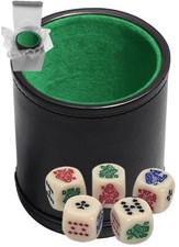 Poker Dice Rounded Corners Ivory  PU Leather Green Felt Lined Dice Cup Boxed