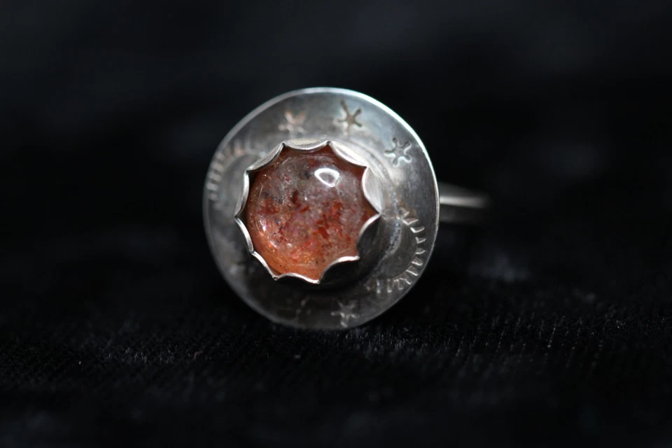 Sunstone Ring Orange Cabochon Natural Gemstone 925 Sterling Silver Size 8 Stars - Image 4 of 4