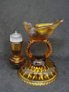 EAPG Atterbury Glass Co's Amber Bird Napkin Holder & Saltcellar