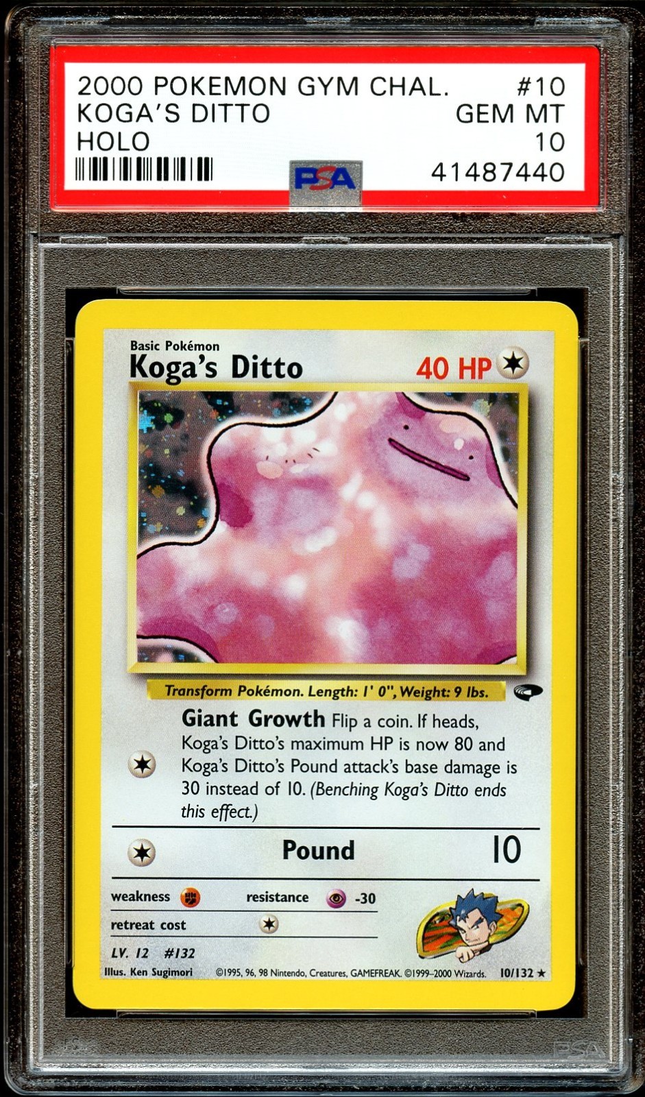 PSA 10 GEM MINT Koga's Ditto 10/132 HOLO RARE Gym Challenge Pokemon Card