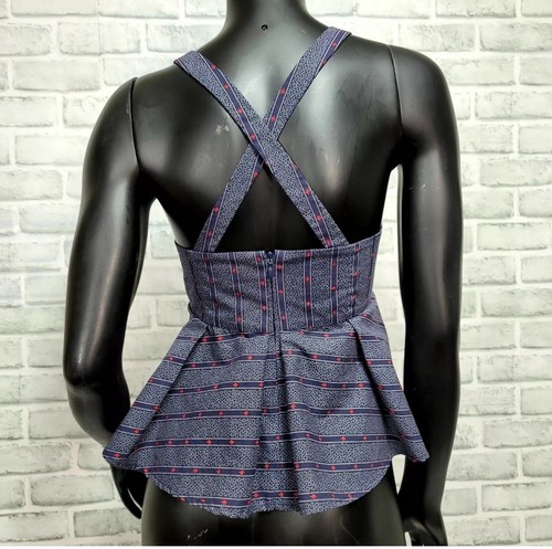 Top corto 1.State Peplum azul marino a rayas lunares calce acampanado espalda cruzada talla mediana - Imagen 2 de 4