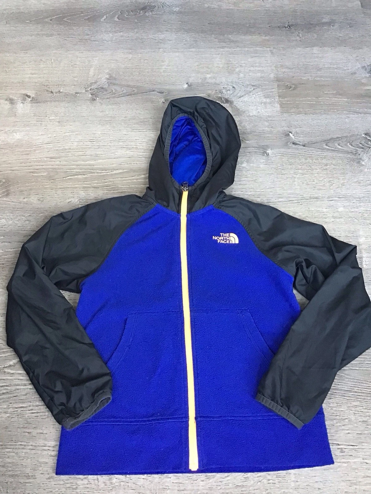 The North Face Boys Hooded Jacket 7/8 S Blue Black Orange Full Zip Youth Fleece