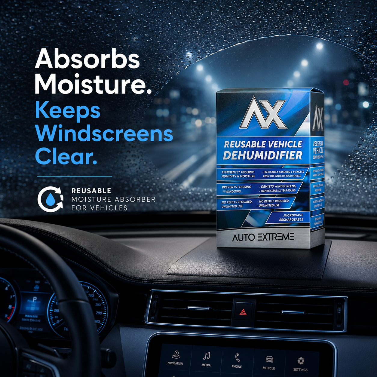 AX Vehicle Dehumidifier Reusable Windscreen Dew & Damp Remover Moisture Absorber