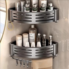 2-Tier Shower Caddy Shelf Bathroom Corner Bath Rack Storage Holder with 8 Hooks
