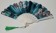Teal Floral Hand Fan Folding Fan White Plastic Ribs Green Tassel Dance Prop Boho
