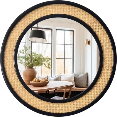 30" Round Rattan Mirror - Boho Farmhouse Wall Decor for Bedroom & Living Room - image 1 of 4
