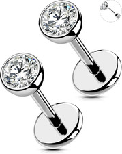 2Pcs 20G/18G/16G G23 Titanium Threadless Nose Stud Earrings Flat Back Tiny CZ Sm