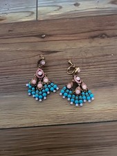 Joan Rivers  Rhinestone Pink and Turquoise Colored Dangle Clip  Earrings 2” Long