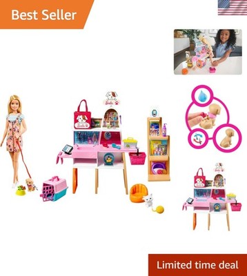 Doll 11.5-in Blonde and Pet Boutique Playset with 4 Pets, Color-Change Groomi...