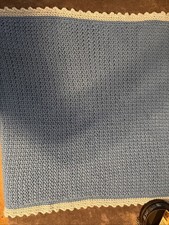 Hand Knitted Crochet Baby Pram Blanket Dark Blue And Baby Blue Trim
